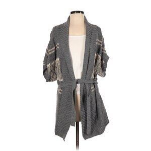 Preppy Half Sleeve Belted Open Cardigan Knit Sweater Top Gray Women Size S